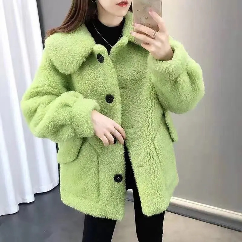 Podebljani topli kaput od imitacije ovčje vune 2023, jesen i zima, nova korejska verzija jednobojnog širokog kratkog kaputa