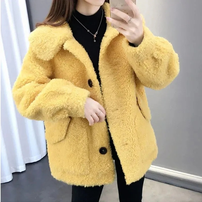 Podebljani topli kaput od imitacije ovčje vune 2023, jesen i zima, nova korejska verzija jednobojnog širokog kratkog kaputa