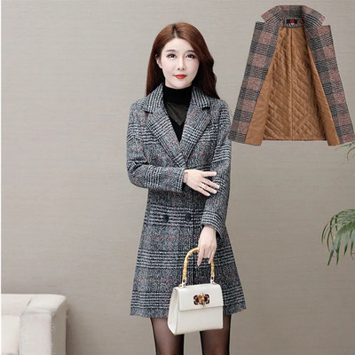 Nova jesensko-zimska jakna Ženski vuneni kaput Rešetkasti kaput Srednje dugi, ležerni, topla ženska gornja odjeća od miješane vune Mujer kaputi 5XL