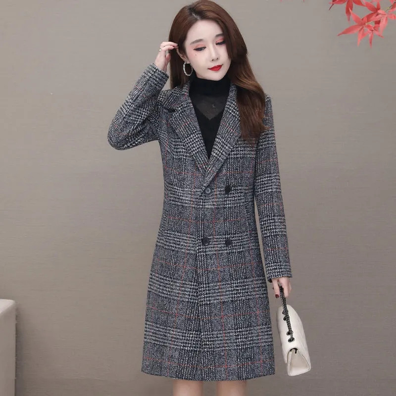 Nova jesensko-zimska jakna Ženski vuneni kaput Rešetkasti kaput Srednje dugi, ležerni, topla ženska gornja odjeća od miješane vune Mujer kaputi 5XL