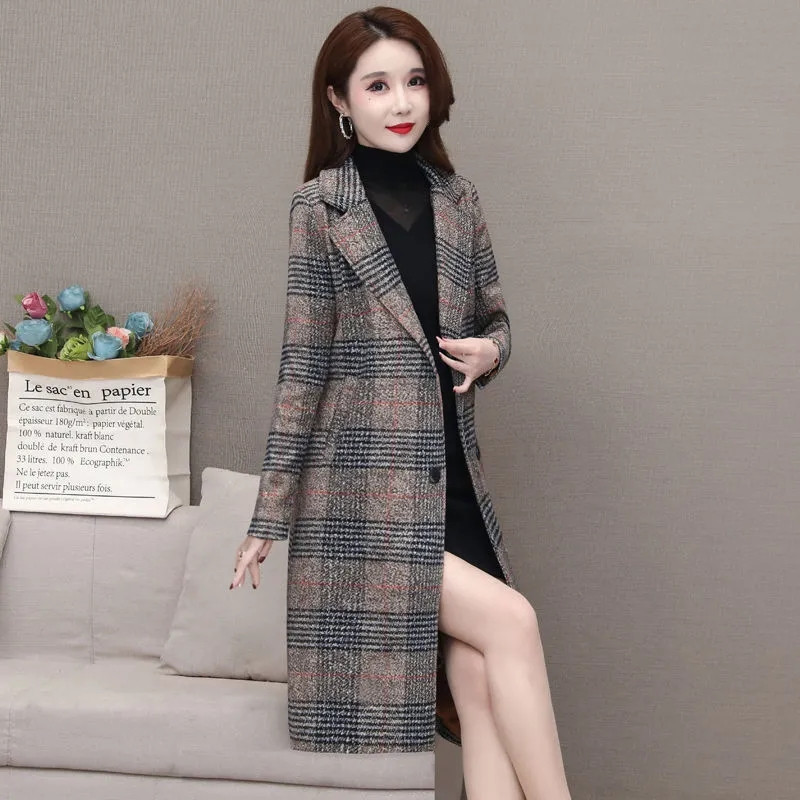 Nova jesensko-zimska jakna Ženski vuneni kaput Rešetkasti kaput Srednje dugi, ležerni, topla ženska gornja odjeća od miješane vune Mujer kaputi 5XL