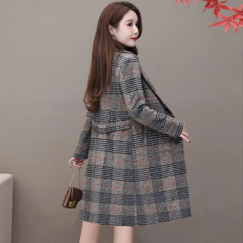 Nova jesensko-zimska jakna Ženski vuneni kaput Rešetkasti kaput Srednje dugi, ležerni, topla ženska gornja odjeća od miješane vune Mujer kaputi 5XL