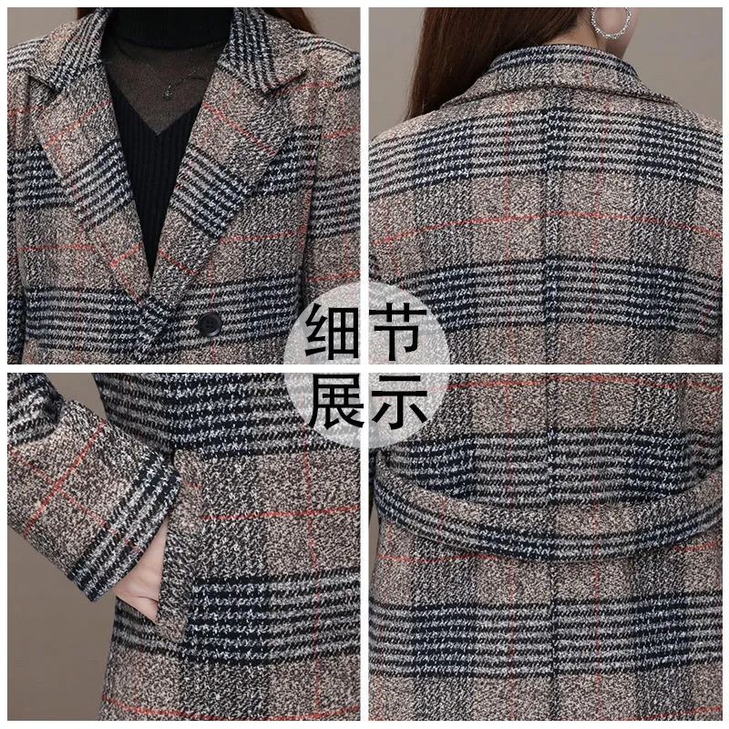 Nova jesensko-zimska jakna Ženski vuneni kaput Rešetkasti kaput Srednje dugi, ležerni, topla ženska gornja odjeća od miješane vune Mujer kaputi 5XL