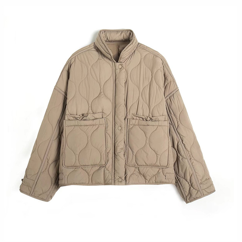 Jachetă din bumbac matlasată kaki haină scurtă, fermoar, guler, buzunar Blogger, îmbrăcăminte de stradă, haine pentru femei