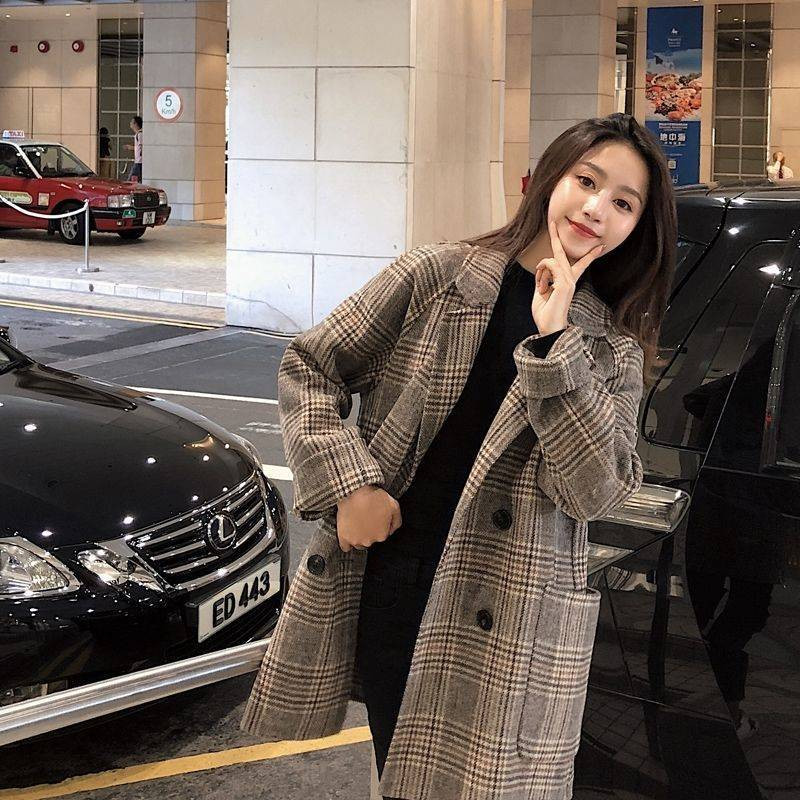 Palton de lână în carouri largi pentru femei, la modă cu rever, jachete subțiri, 2021, pentru femei coreene, de toamnă, de lungime medie, haine