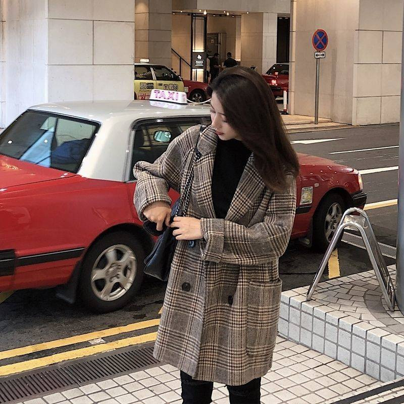 Palton de lână în carouri largi pentru femei, la modă cu rever, jachete subțiri, 2021, pentru femei coreene, de toamnă, de lungime medie, haine