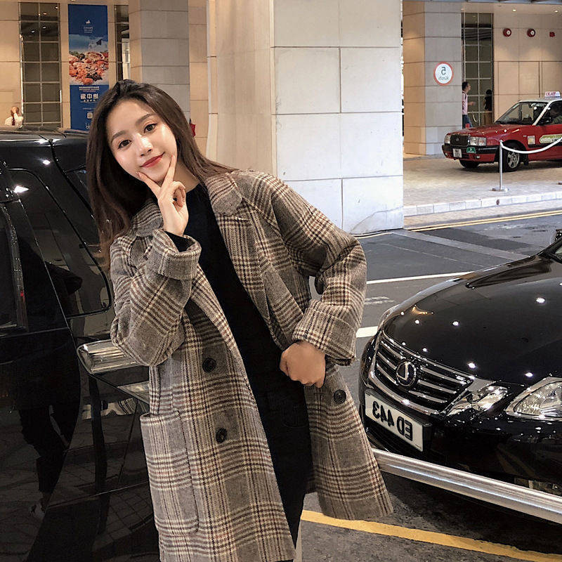 Palton de lână în carouri largi pentru femei, la modă cu rever, jachete subțiri, 2021, pentru femei coreene, de toamnă, de lungime medie, haine