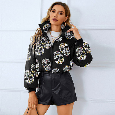 Jachetă scurtă căptușită din bumbac imprimat, cu fermoar, guler răsturnat, toamnă iarnă, haină groasă, cu mânecă lungă, colorată