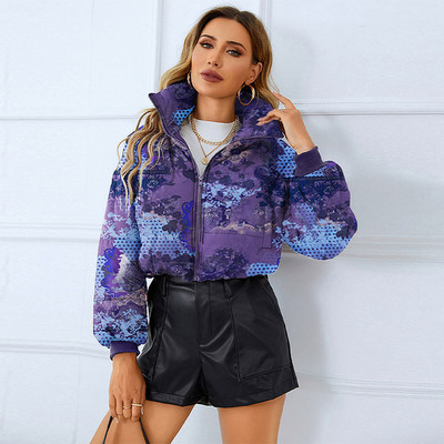 Jachetă scurtă căptușită din bumbac imprimat, cu fermoar, guler răsturnat, toamnă iarnă, haină groasă, cu mânecă lungă, colorată