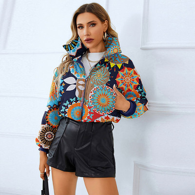 Jachetă scurtă căptușită din bumbac imprimat, cu fermoar, guler răsturnat, toamnă iarnă, haină groasă, cu mânecă lungă, colorată