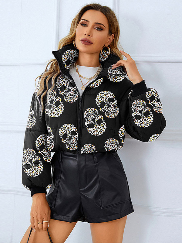 Jachetă scurtă căptușită din bumbac imprimat, cu fermoar, guler răsturnat, toamnă iarnă, haină groasă, cu mânecă lungă, colorată