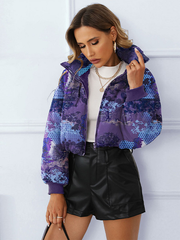 Jachetă scurtă căptușită din bumbac imprimat, cu fermoar, guler răsturnat, toamnă iarnă, haină groasă, cu mânecă lungă, colorată
