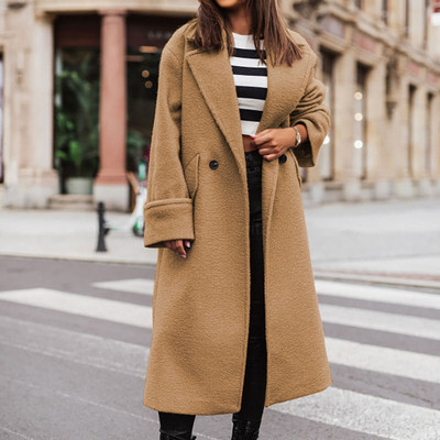 Femei simple, lungi, haine de lână, toamnă, guler răsturnat, jachetă cu un singur buton, cardigan, iarnă, cu mânecă lungă, buzunar, pardesiu cald