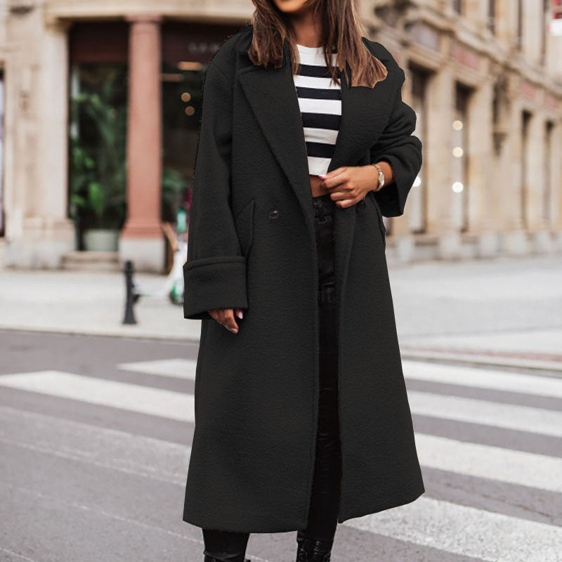 Femei simple, lungi, haine de lână, toamnă, guler răsturnat, jachetă cu un singur buton, cardigan, iarnă, cu mânecă lungă, buzunar, pardesiu cald