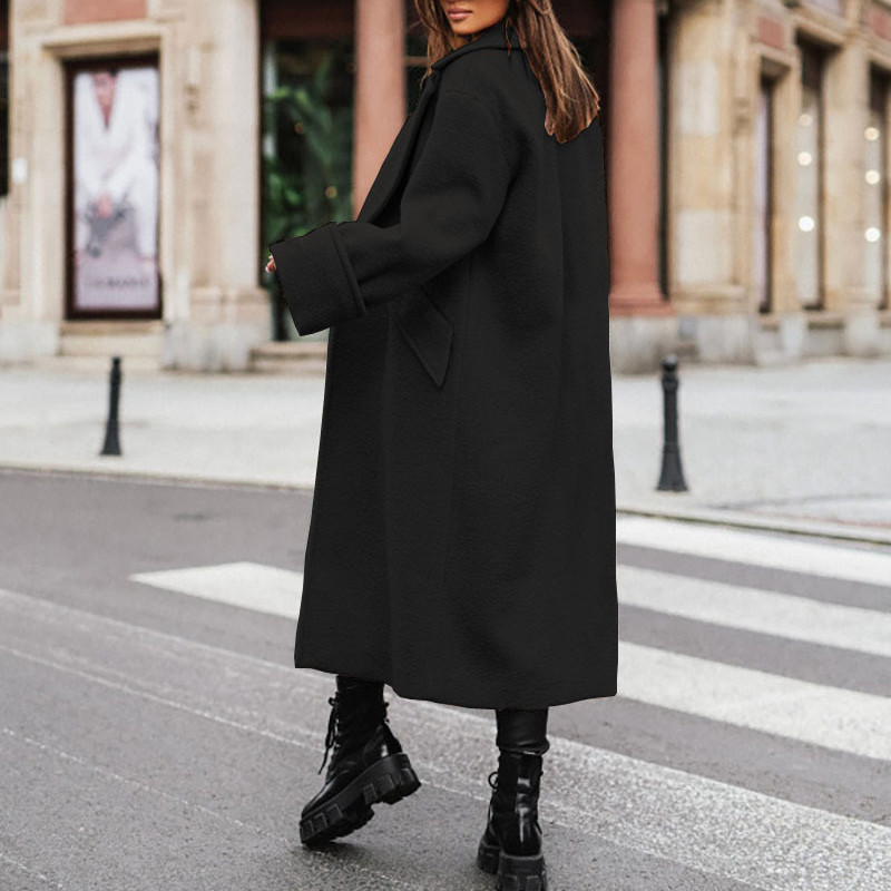 Femei simple, lungi, haine de lână, toamnă, guler răsturnat, jachetă cu un singur buton, cardigan, iarnă, cu mânecă lungă, buzunar, pardesiu cald