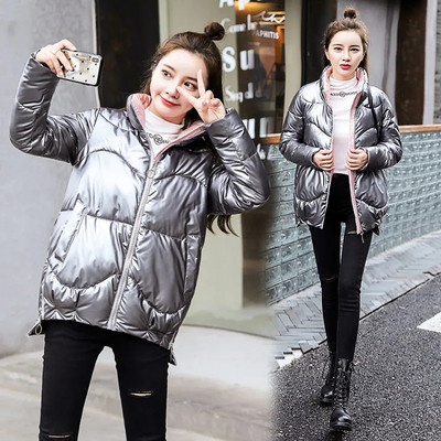 2023. gada jauns kokvilnas polsterēts mētelis, spilgts ar seju uz leju polsterēts sieviešu mētelis, brīvi stāvošs apkakles mētelis