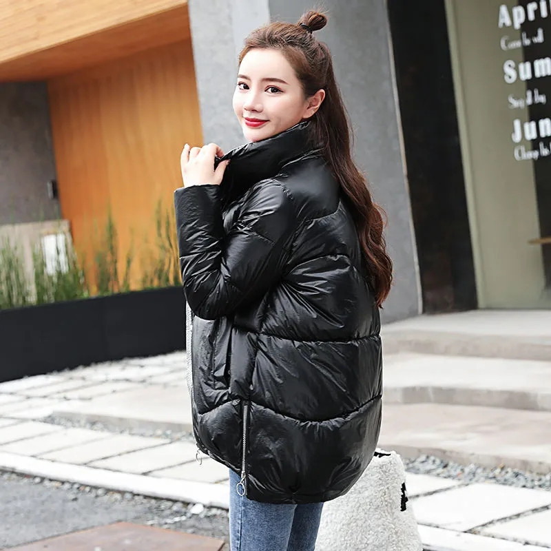 2023. gada jauns kokvilnas polsterēts mētelis, spilgts ar seju uz leju polsterēts sieviešu mētelis, brīvi stāvošs apkakles mētelis