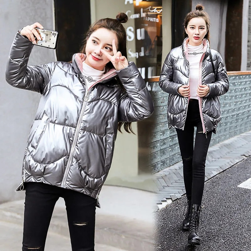 2023. gada jauns kokvilnas polsterēts mētelis, spilgts ar seju uz leju polsterēts sieviešu mētelis, brīvi stāvošs apkakles mētelis