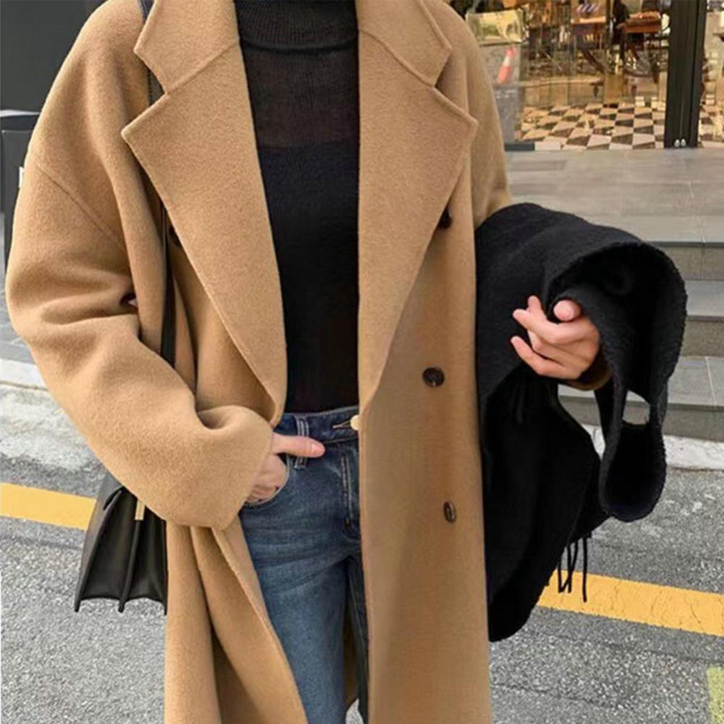Palton de lână Închidere cu nasturi Guler răsturnat Buzunare laterale la două pieptări Rezistent la vânt Pardesiu pentru femei Reducere fierbinte Colocare zilnică