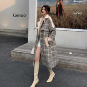 Ženski karirani vuneni kaput Jesenski zimski kaput s remenom Duga ulična odjeća Vintage vunena jakna 2021. Nova ženska gornja odjeća dugih rukava