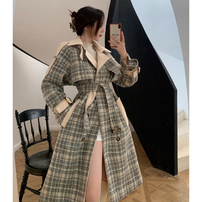 Ženski karirani vuneni kaput Jesenski zimski kaput s remenom Duga ulična odjeća Vintage vunena jakna 2021. Nova ženska gornja odjeća dugih rukava