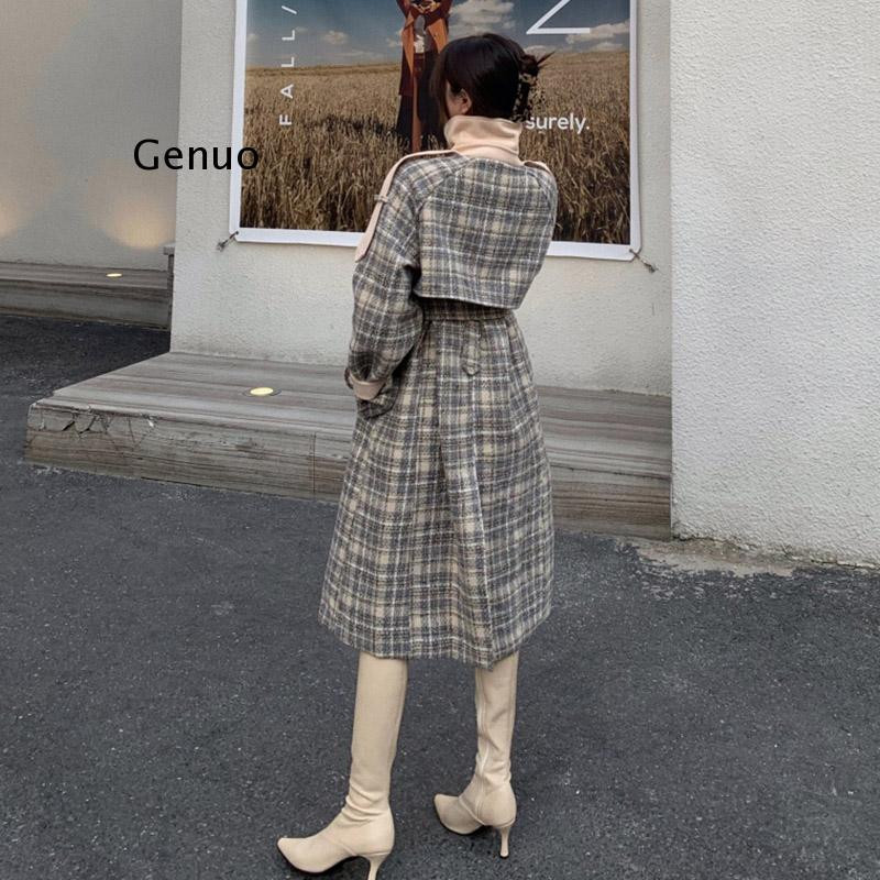 Ženski karirani vuneni kaput Jesenski zimski kaput s remenom Duga ulična odjeća Vintage vunena jakna 2021. Nova ženska gornja odjeća dugih rukava