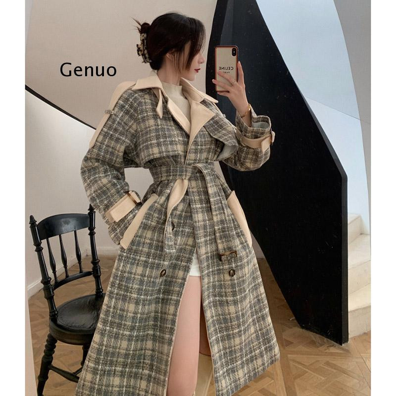 Ženski karirani vuneni kaput Jesenski zimski kaput s remenom Duga ulična odjeća Vintage vunena jakna 2021. Nova ženska gornja odjeća dugih rukava