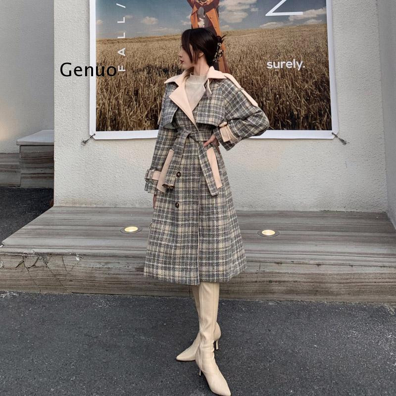 Ženski karirani vuneni kaput Jesenski zimski kaput s remenom Duga ulična odjeća Vintage vunena jakna 2021. Nova ženska gornja odjeća dugih rukava