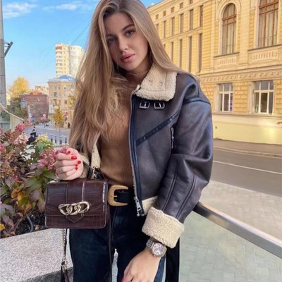 Jachetă scurtă decupată din lână de miel pentru femei, toamnă iarnă, caldă 2023, nou vintage, franțuzesc, cu rever, cu mânecă lungă, groase, pentru femei