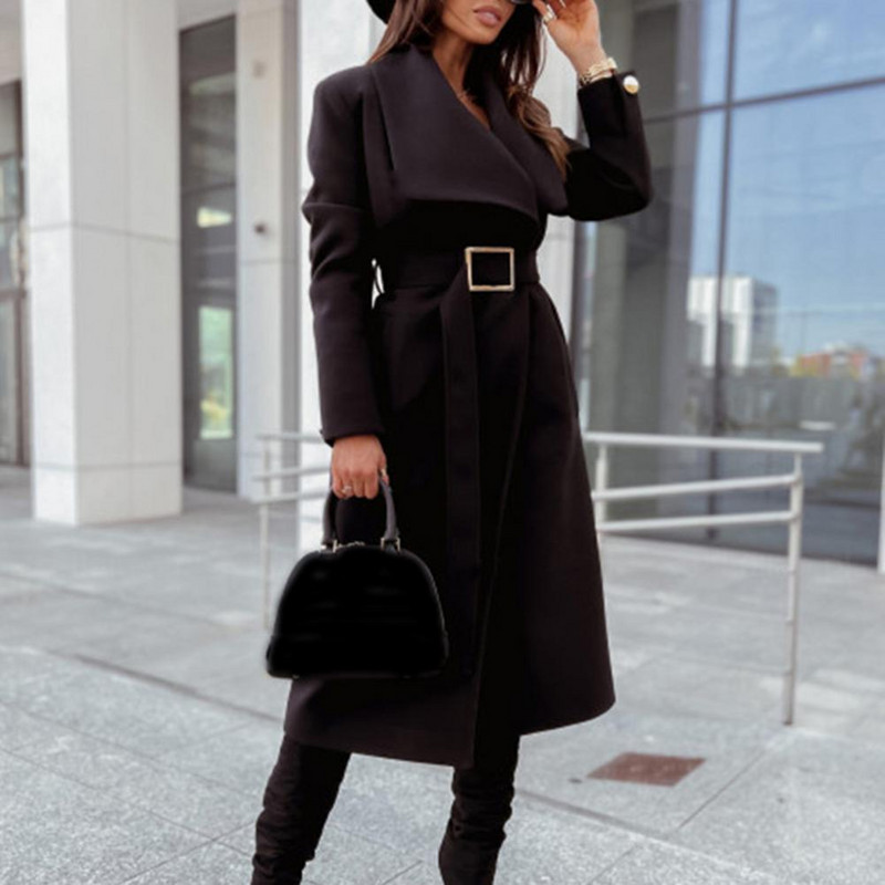 Culoare uni pardesiu femei cu centură talie strânsă cardigan groasă haină pentru femei cu mâneci lungi termice, guler răsucit, haină de iarnă pentru muncă