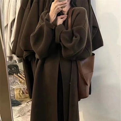 Rudens un ziemas garš trikotāžas džemperis Korejiešu lielizmēra brīvs biezināts vidēji garš džemperis Vienkrāsains vilnas džemperis