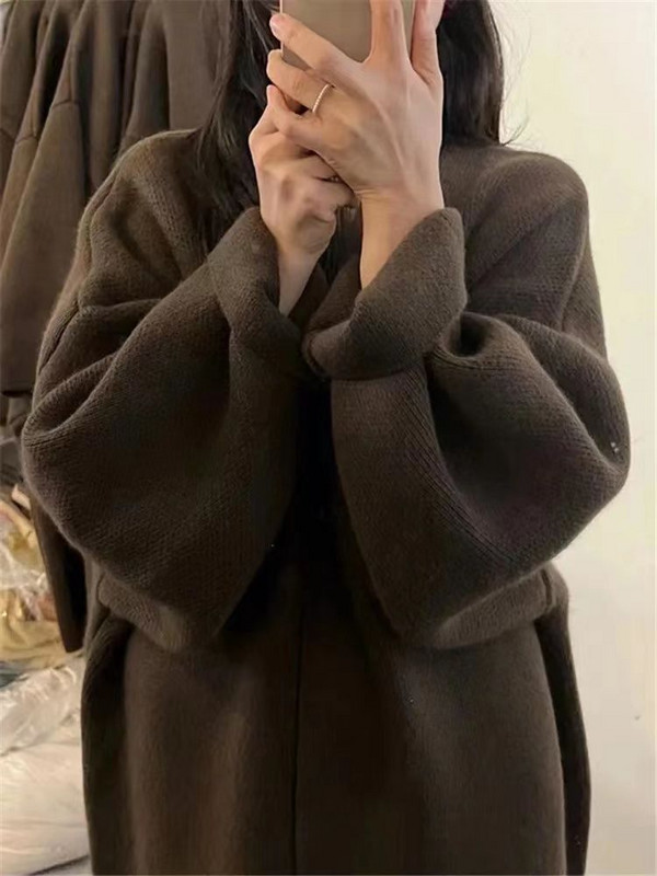 Rudens un ziemas garš trikotāžas džemperis Korejiešu lielizmēra brīvs biezināts vidēji garš džemperis Vienkrāsains vilnas džemperis