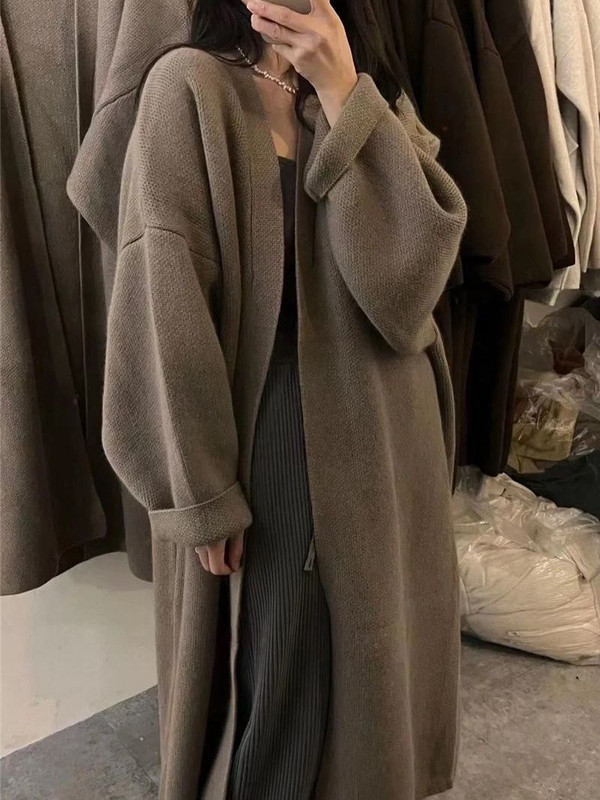 Rudens un ziemas garš trikotāžas džemperis Korejiešu lielizmēra brīvs biezināts vidēji garš džemperis Vienkrāsains vilnas džemperis