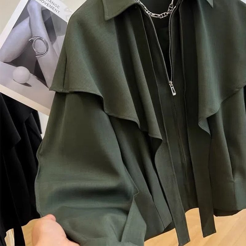 Jachetă bomber verde ocazională de epocă pentru femei, guler răsturnat, mânecă lanternă, șic, cu fermoar, haină decupată, primăvară, toamnă, haine largi