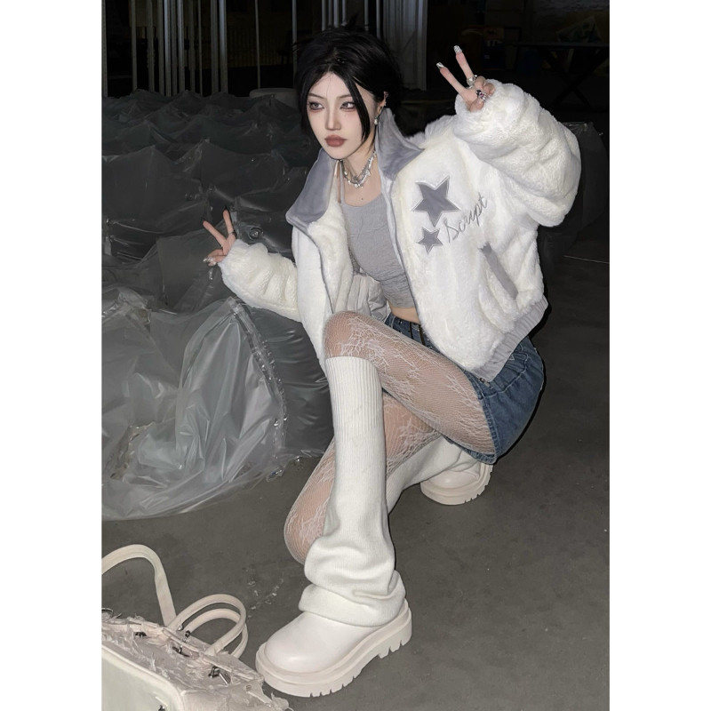 Harajpoo stil coreean imita păr de iepure guler în picioare de pluș 2023 toamnă iarnă femei nouă modă îmbinare jachetă scurtă largi