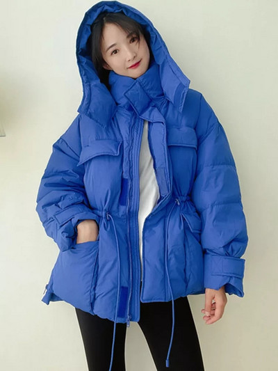 Parka cu glugă de iarnă Jachetă caldă pentru femei, din bumbac, neregulată, pufoasă, cu șnur, îmbrăcăminte în talie