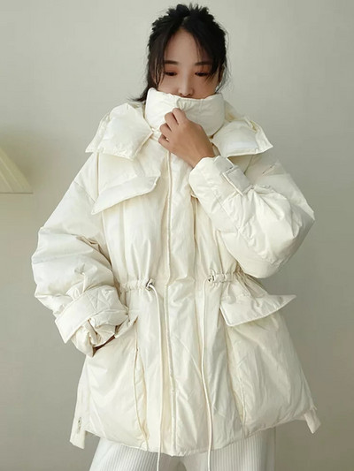 Parka cu glugă de iarnă Jachetă caldă pentru femei, din bumbac, neregulată, pufoasă, cu șnur, îmbrăcăminte în talie