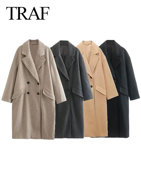 TRAF 2023, toamnă iarnă, pardesiu de modă pentru femei, solid kaki, haină lungă pentru damă de birou, ocazional, îmbrăcăminte de vânt de stradă