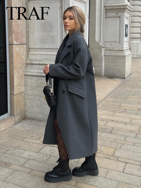 TRAF 2023, toamnă iarnă, pardesiu de modă pentru femei, solid kaki, haină lungă pentru damă de birou, ocazional, îmbrăcăminte de vânt de stradă
