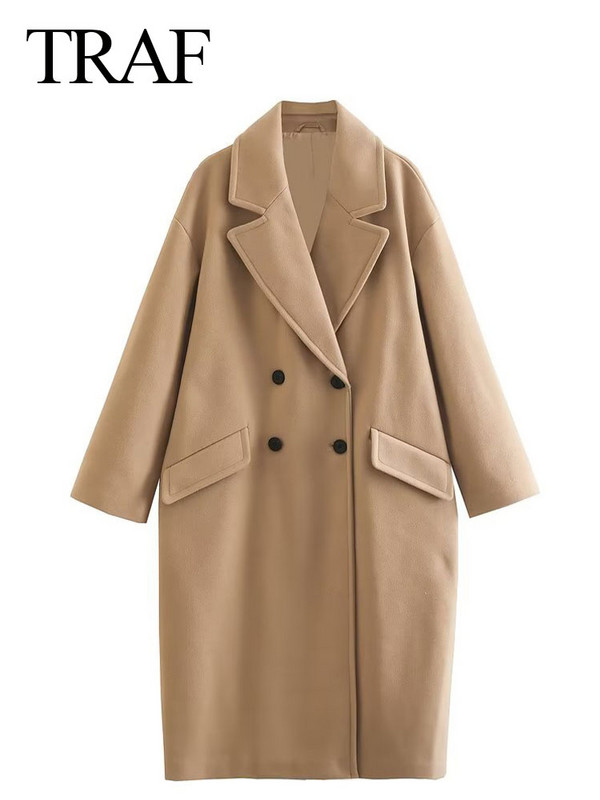 TRAF 2023, toamnă iarnă, pardesiu de modă pentru femei, solid kaki, haină lungă pentru damă de birou, ocazional, îmbrăcăminte de vânt de stradă