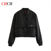 Ženska bomber jakna Modni kaput s džepovima Retro Jednobojna jakna dugih rukava s prednjim dugmetom Ženska elegantna jakna s patentnim zatvaračem na rever