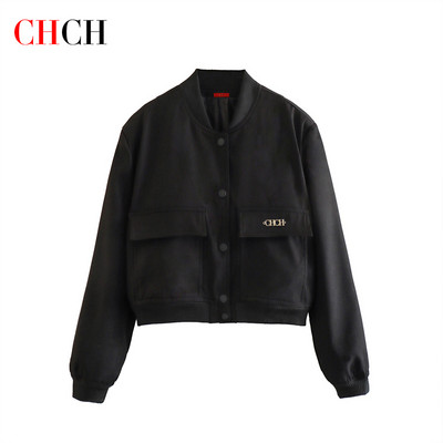 Ženska bomber jakna Modni kaput s džepovima Retro Jednobojna jakna dugih rukava s prednjim dugmetom Ženska elegantna jakna s patentnim zatvaračem na rever