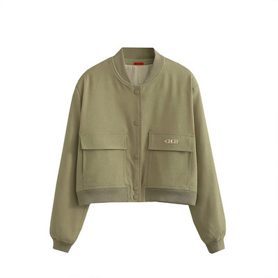 Ženska bomber jakna Modni kaput s džepovima Retro Jednobojna jakna dugih rukava s prednjim dugmetom Ženska elegantna jakna s patentnim zatvaračem na rever