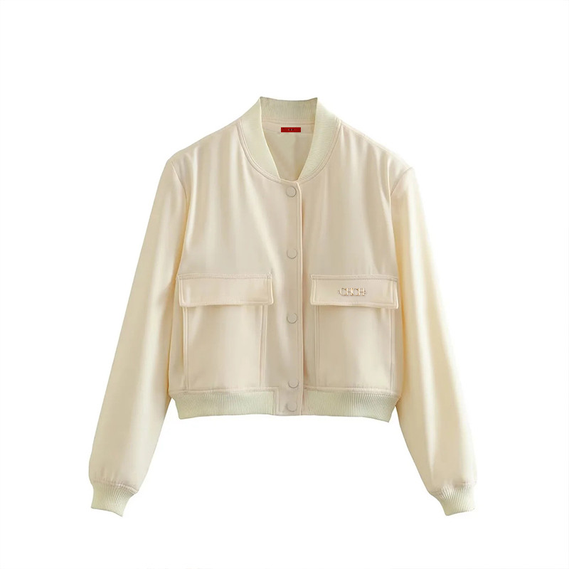 Ženska bomber jakna Modni kaput s džepovima Retro Jednobojna jakna dugih rukava s prednjim dugmetom Ženska elegantna jakna s patentnim zatvaračem na rever