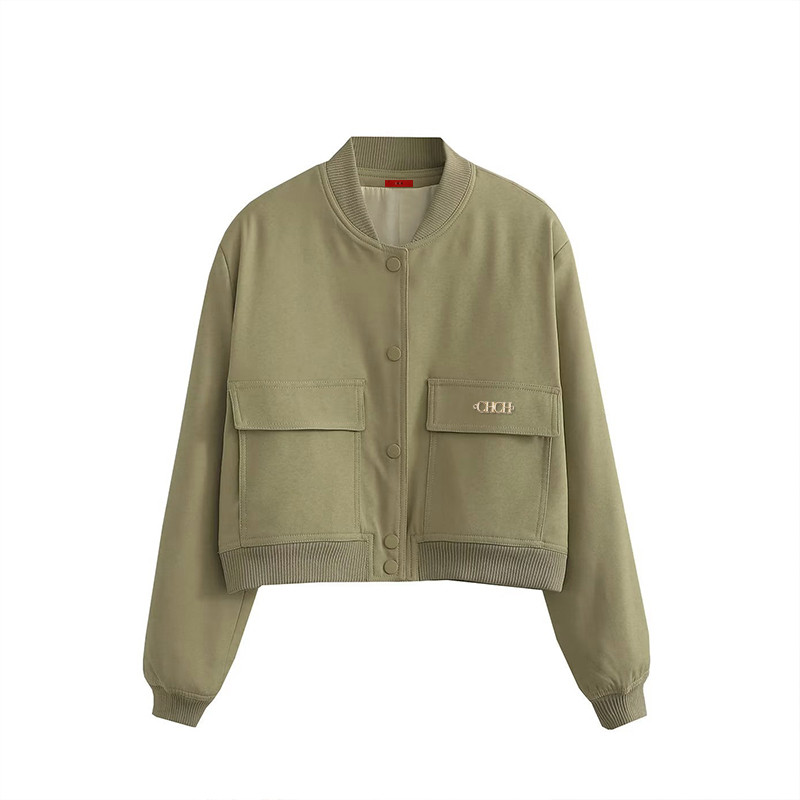 Ženska bomber jakna Modni kaput s džepovima Retro Jednobojna jakna dugih rukava s prednjim dugmetom Ženska elegantna jakna s patentnim zatvaračem na rever