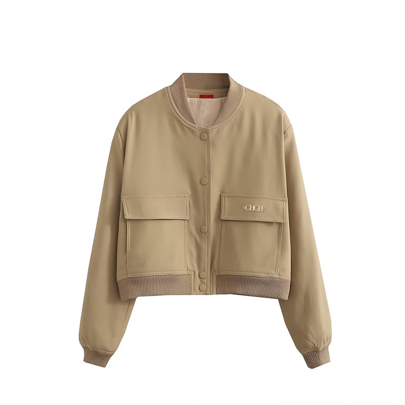 Ženska bomber jakna Modni kaput s džepovima Retro Jednobojna jakna dugih rukava s prednjim dugmetom Ženska elegantna jakna s patentnim zatvaračem na rever