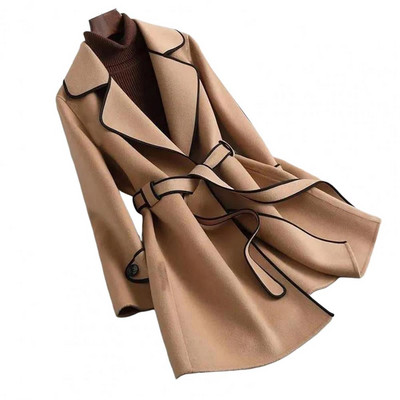 Jachetă elegantă de lână pentru femei, toamnă iarnă, cu centură, culoare solidă, cu mânecă lungă, îmbrăcăminte exterioară șic, pardesiu vintage 2022