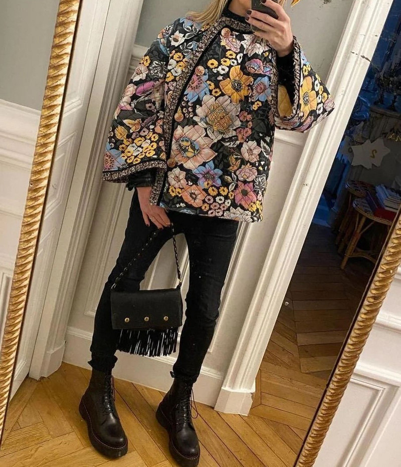 Retromantlid naistele Tänavarõivad Sügis- ja talverõivad, 2023. aasta moodne vabaaja poolavatud krae, lainelise varrukaga prinditud jope Y2k naisterahvas