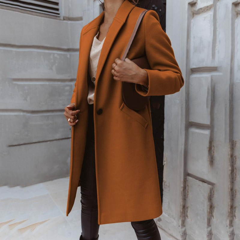 Palton de toamnă de iarnă, de culoare uni, buzunare, cardigan, elegant, lejer, mâneci lungi, închidere cu nasturi, jachetă cu guler răsturnat, haină pentru muncă