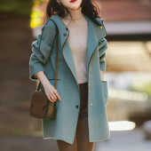 haină cu glugă, cu mâneci lungi, haină de lână de lungime medie, tendință feminină, paltoane de iarnă pentru femei, trench stil coreean